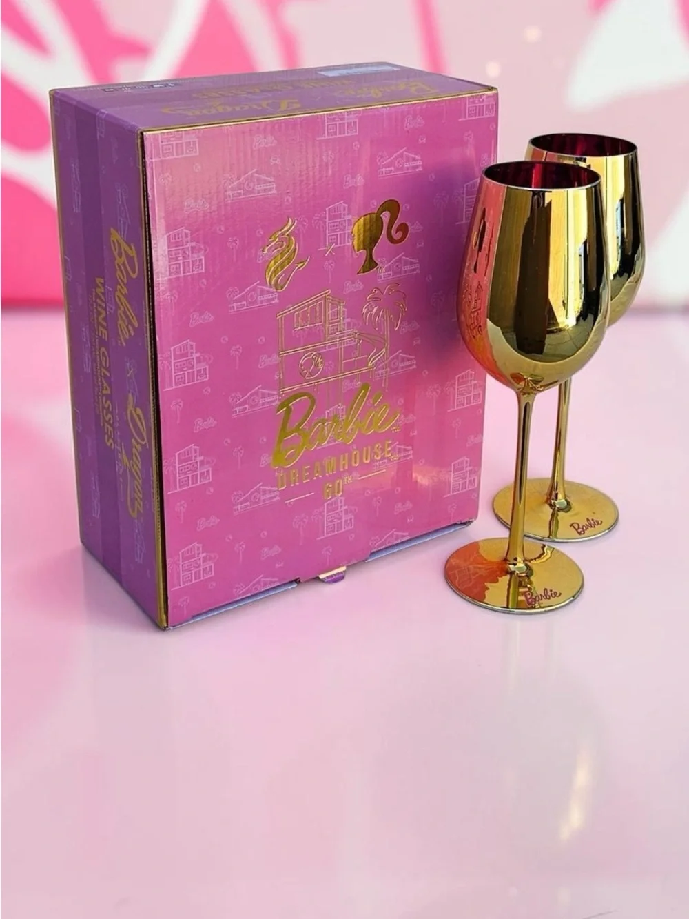 Barbie Dreamhouse 60th Gold & Pink Stemmed Wine Glasses Pair